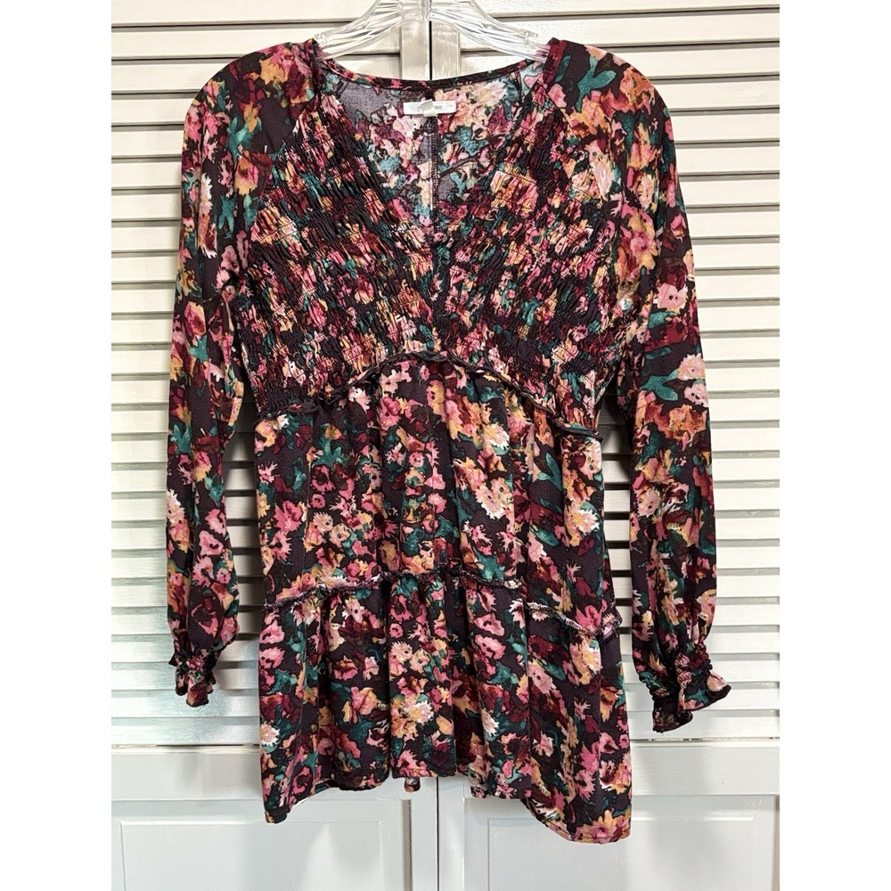 Maurices Burgundy/Green Floral Long Sleeve Smocked V Neck Ruffle Blouse Size M